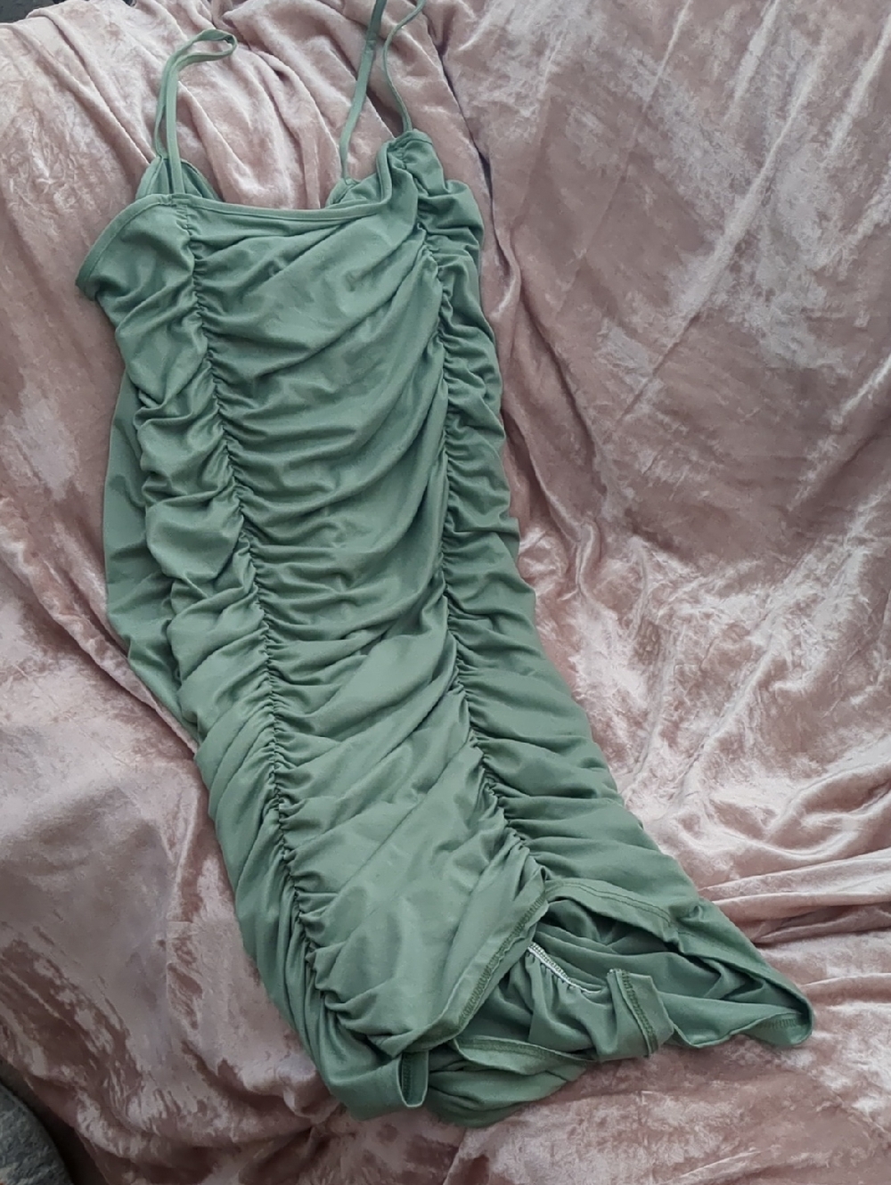 Ruched Sage Green Midi Dress with Spaghetti Straps